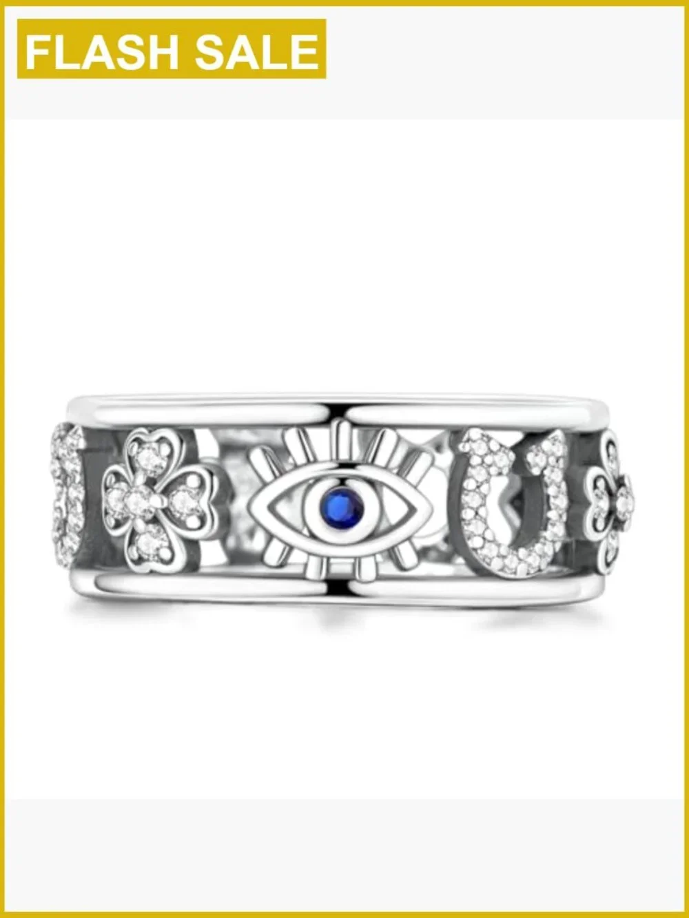 925 Sterling Silver Lucky Ring Horseshoe Four Leaf Clover Evil Eye Band Ring 6-9